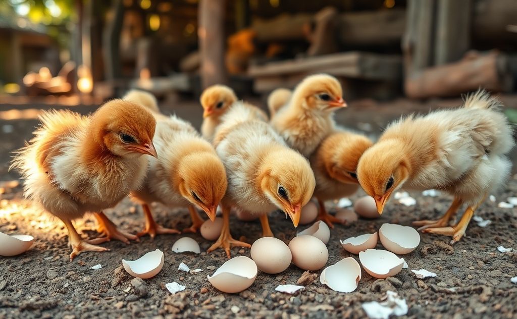 Chickens eating egg shells at six weeks old