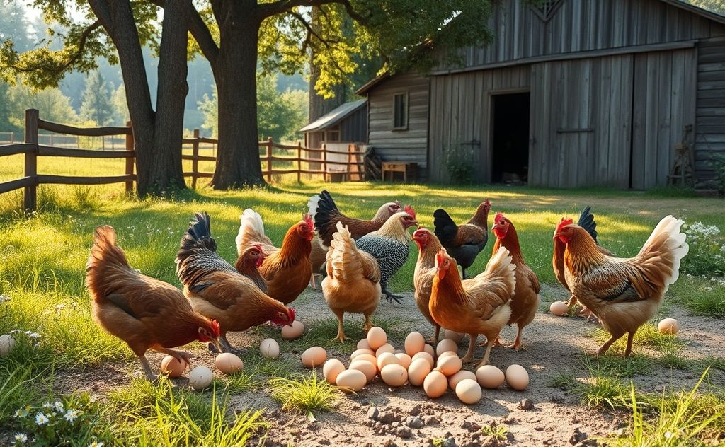 Chickens eating eggs in a natural farm setting
