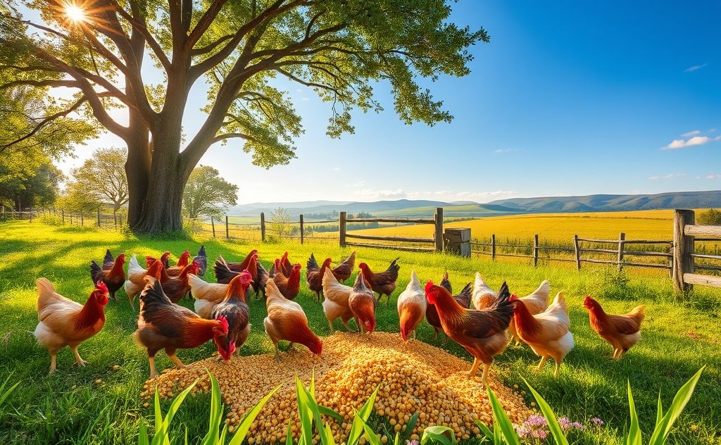 Chickens eating grain in a lush farm setting