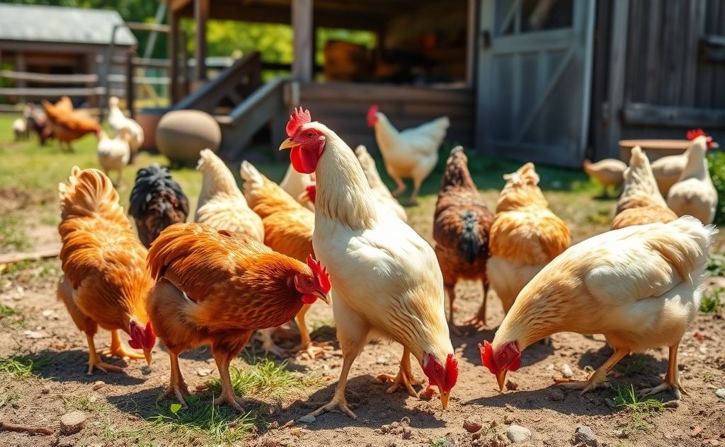 Chickens eating in a sunny farmyard setting