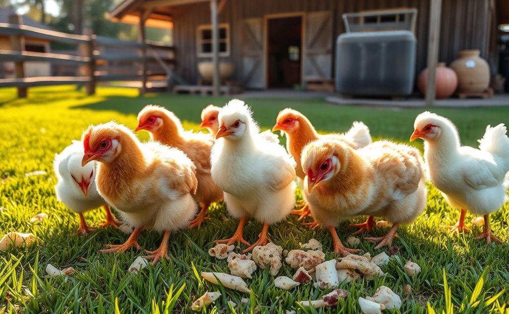 Chickens enjoy scraps as a treat after 8 weeks