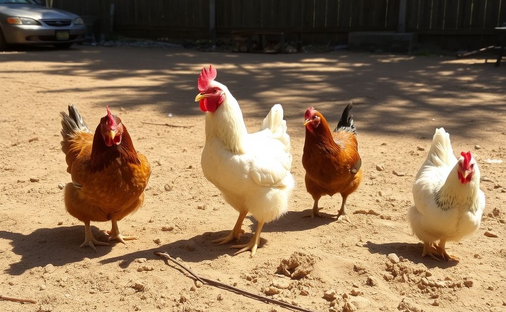 Chickens enjoying a dust bath in sunny yard