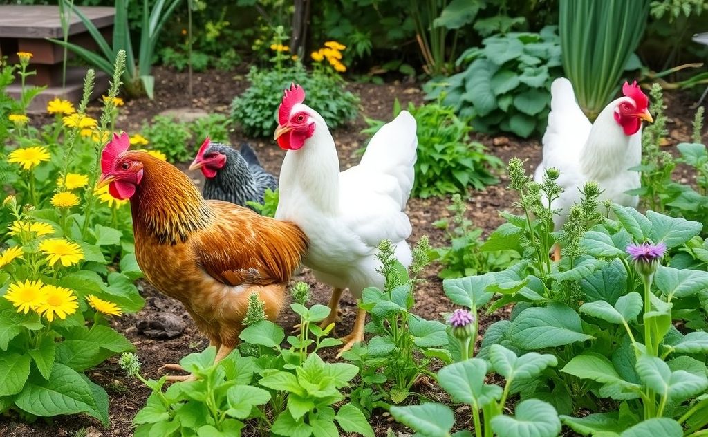 Chickens enjoying a garden of favorite plants