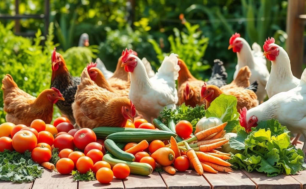 Chickens enjoying a variety of fresh vegetables