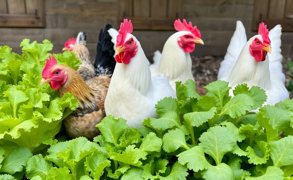 Chickens enjoying a variety of leafy greens
