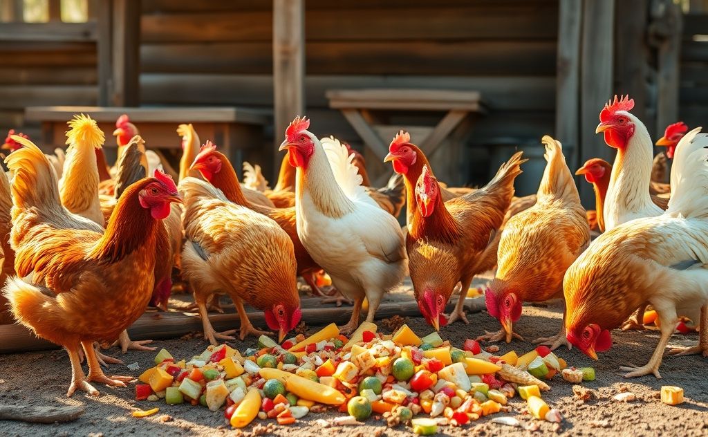 Chickens enjoying a variety of table scraps
