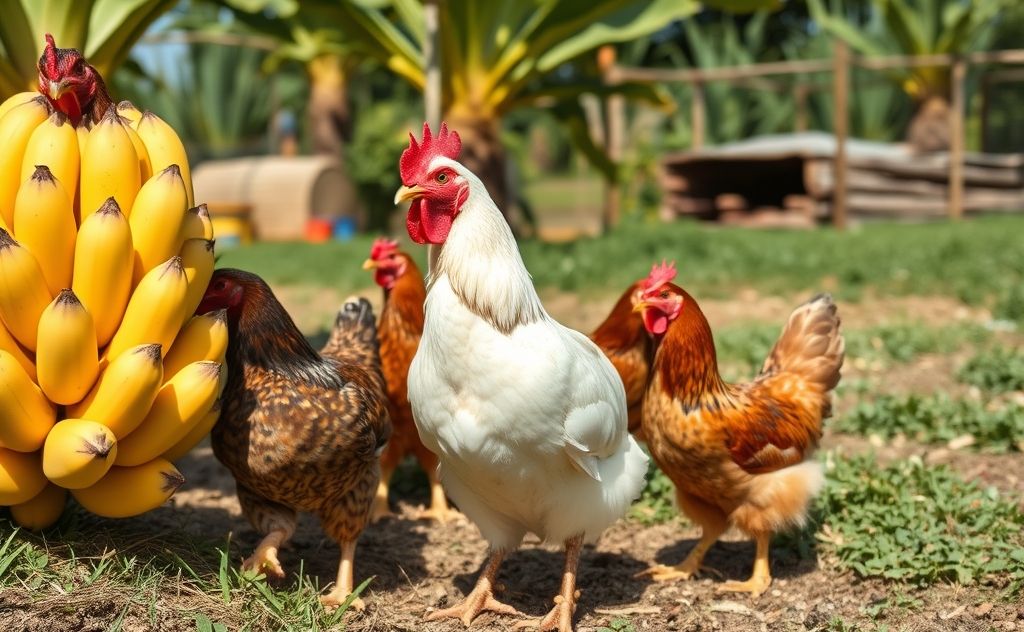 Chickens enjoying bananas in a sunny farm setting