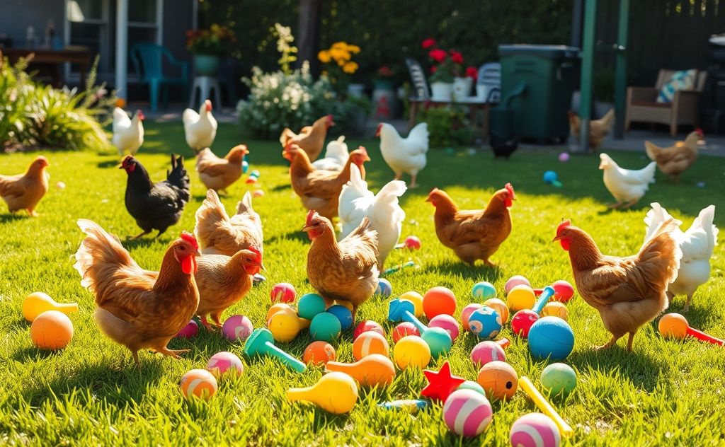 Chickens enjoying colorful toys in a sunny yard