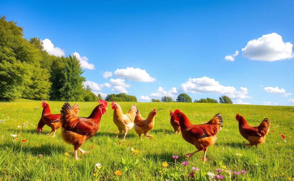 Chickens enjoying free range in a sunny field