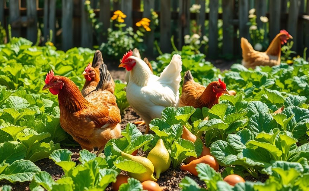 Chickens enjoying fresh vegetables in a garden