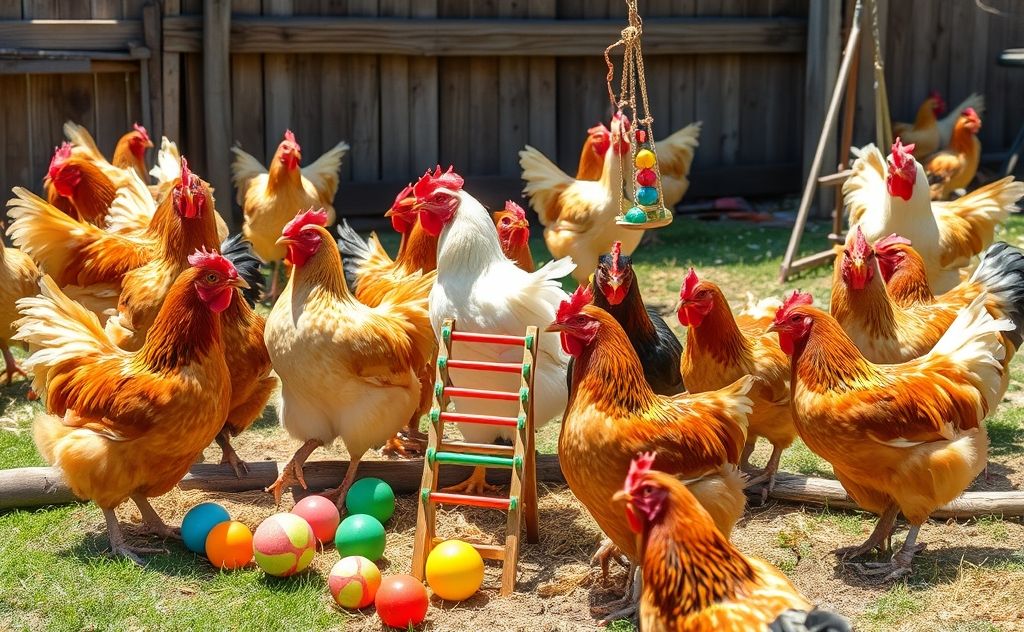 Chickens enjoying fun activities and toys