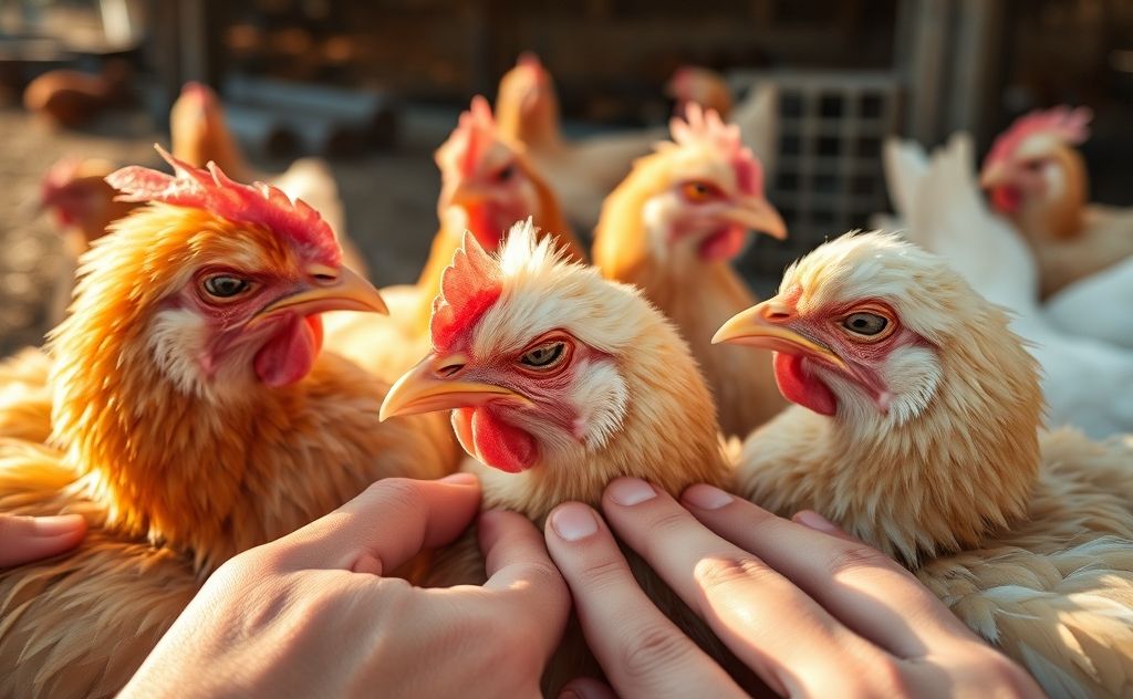 Chickens enjoying gentle petting with closed eyes