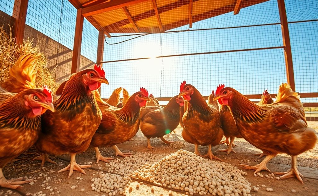 Chickens enjoying grit in a sunny coop setting