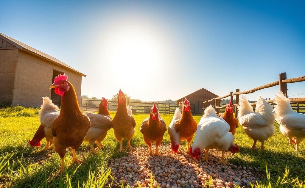 Chickens enjoying grit in a sunny farm setting