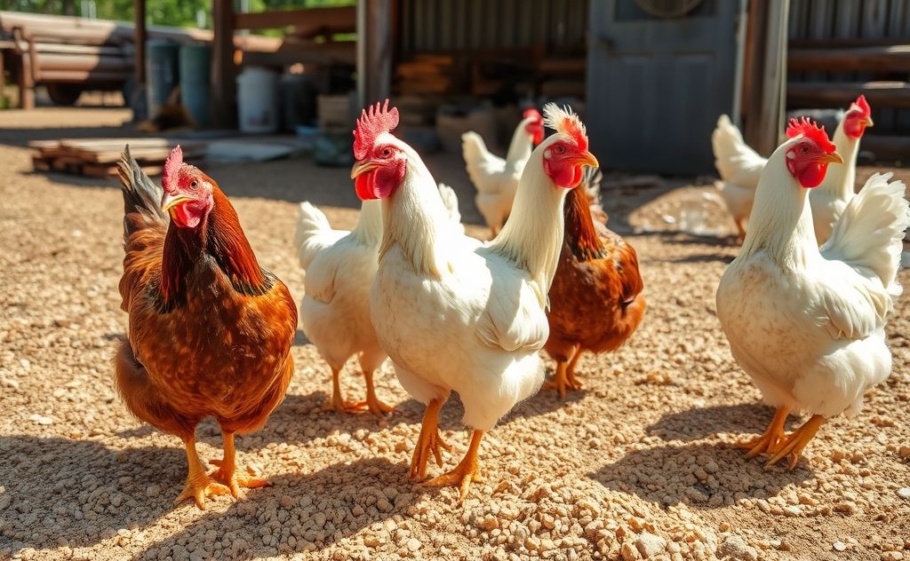 Chickens enjoying grit in a sunny farmyard