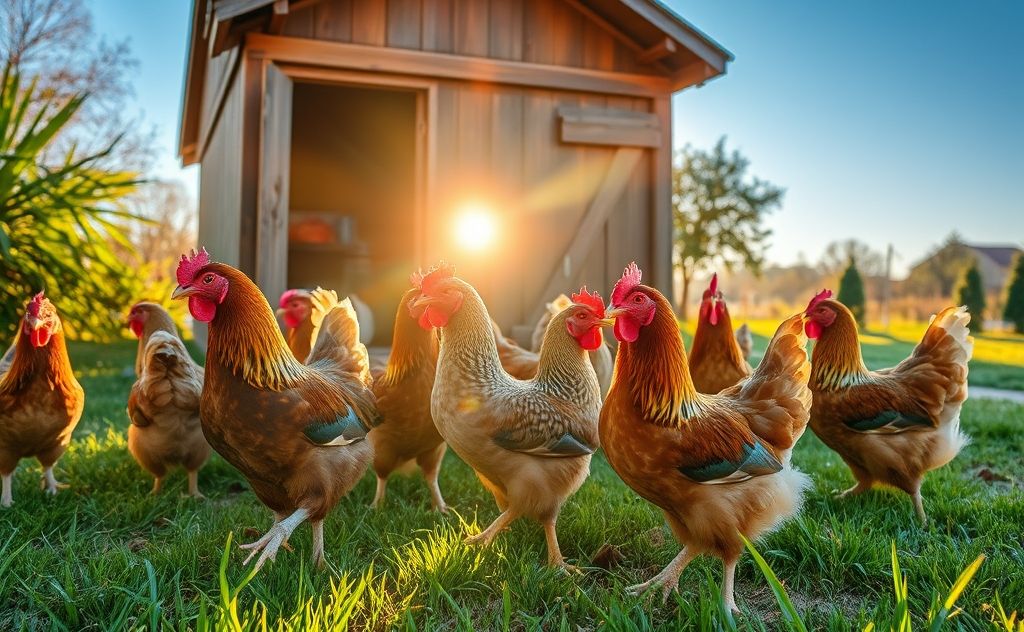 Chickens enjoying morning sun outside their coop