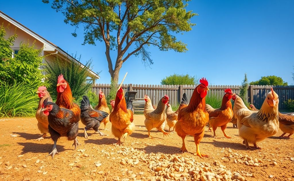 Chickens enjoying scratch feed in a sunny yard