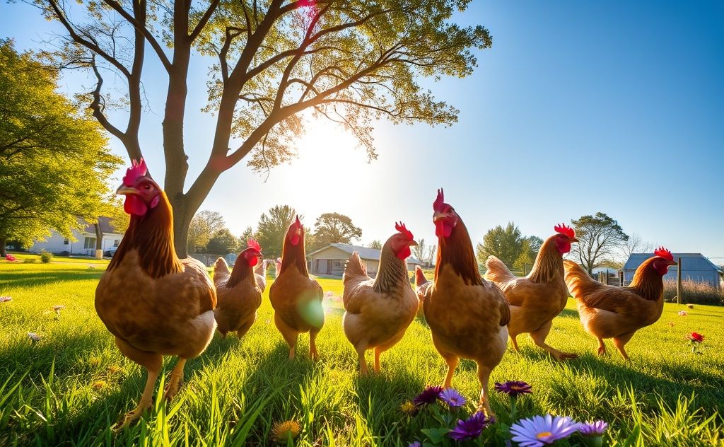 Chickens enjoying sunlight in a sunny yard