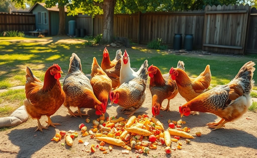 Chickens enjoying tasty food scraps in the yard