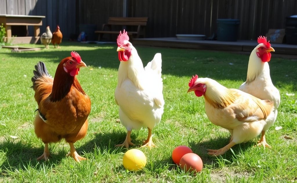 Chickens enjoying their favorite toys in a sunny yard