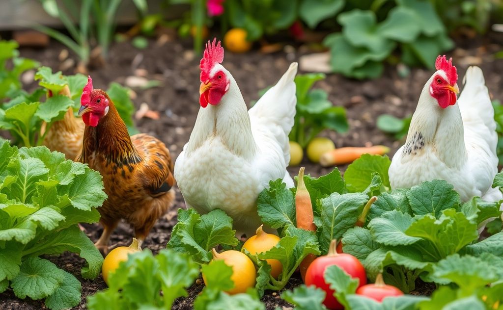 Chickens enjoying their favorite vegetables in a garden