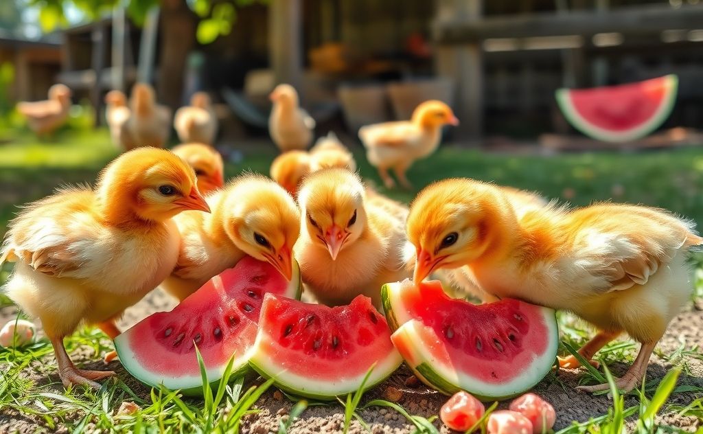 Chickens enjoying watermelon at a young age