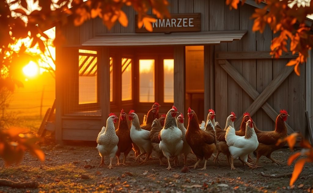 Chickens entering a cozy new coop at sunset