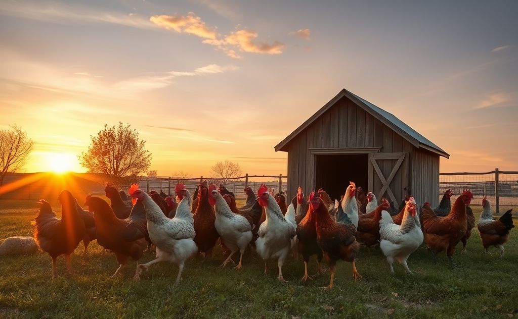 Chickens entering coop at sunset time