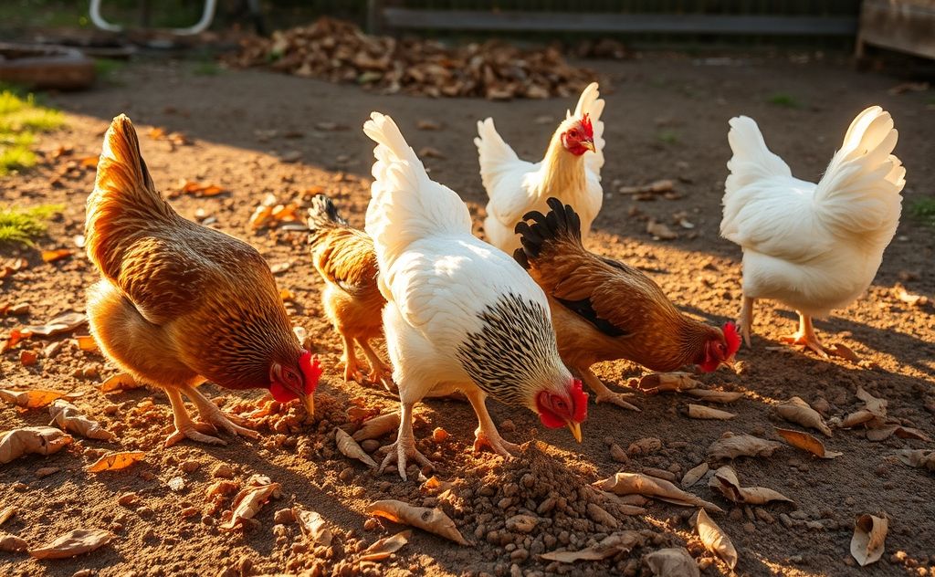 Chickens explore dirt for food and instinctual behavior