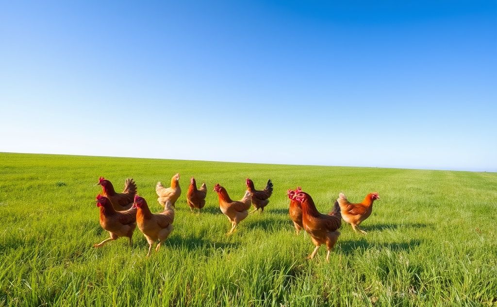 Chickens exploring a vast open field