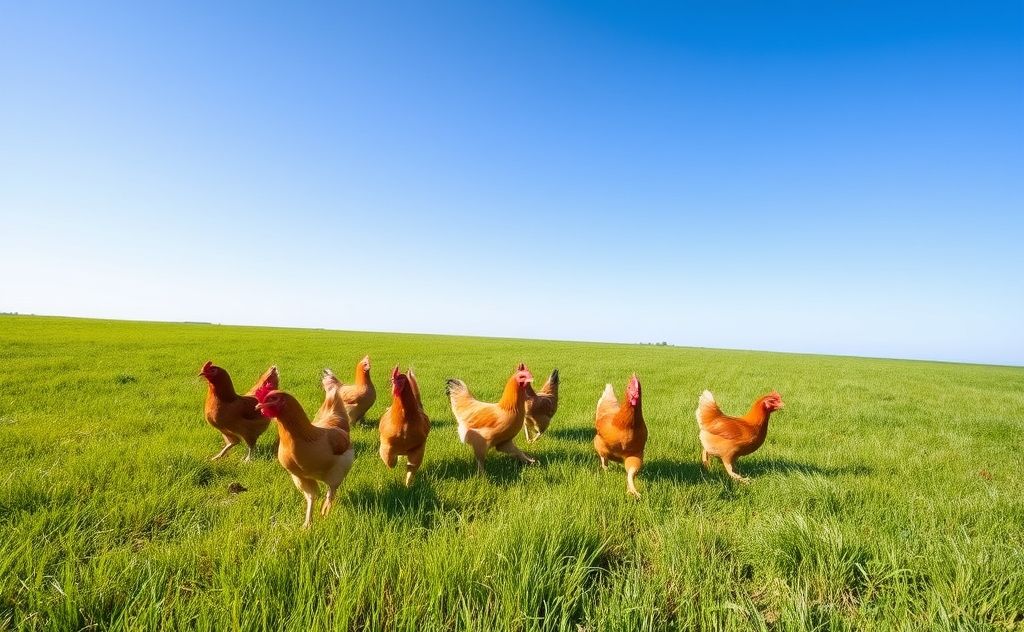 Chickens exploring a wide open field