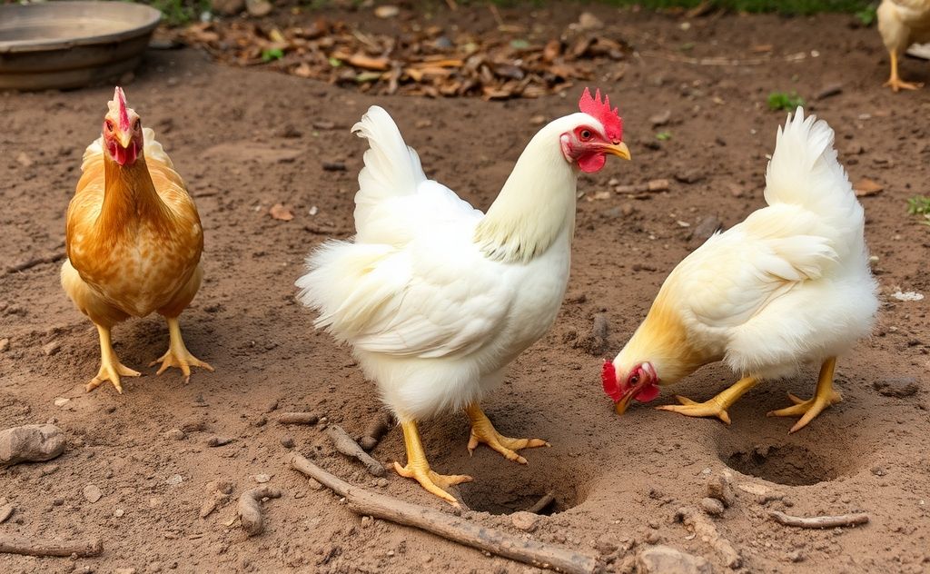 Chickens exploring dirt and digging holes outdoors