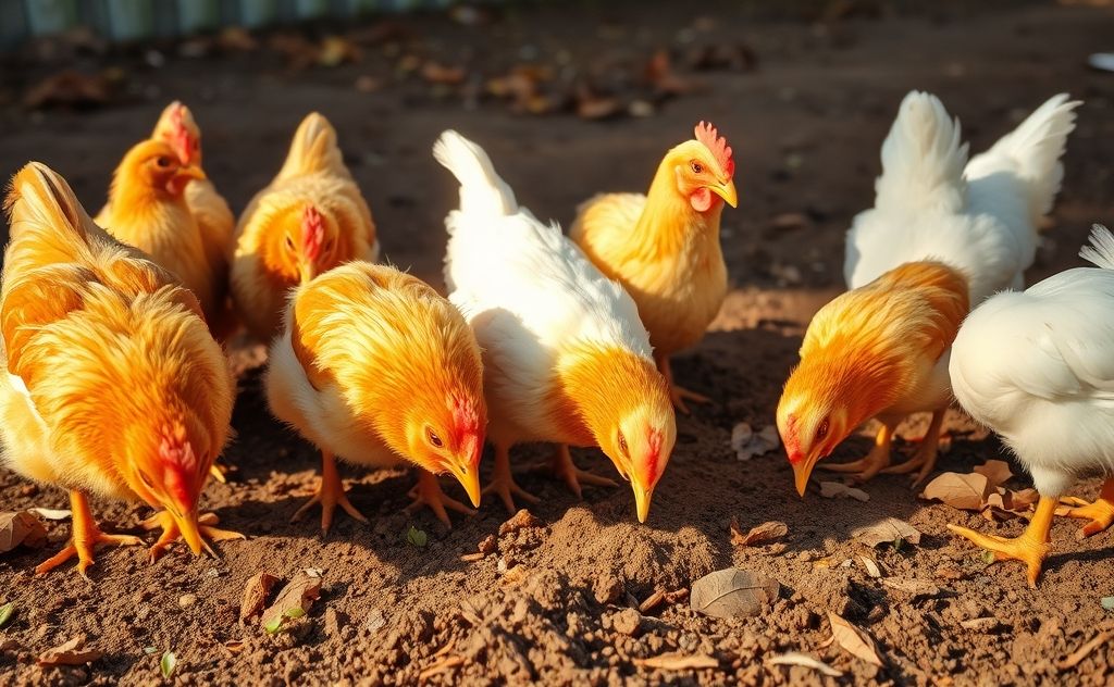 Chickens exploring the ground with curious beaks