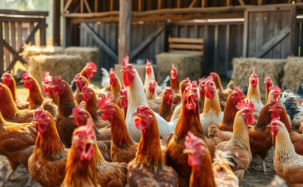 Chickens expressing loud calls in a farm setting
