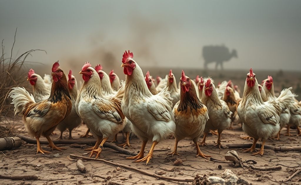 Chickens facing health issues and environmental stress