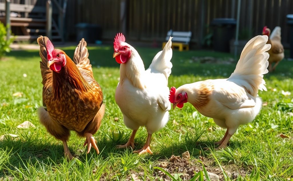 Chickens feasting on ticks in a sunny yard