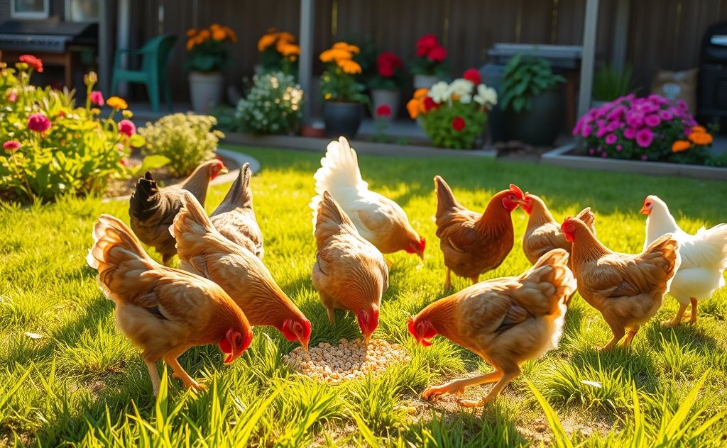 Chickens feeding in a sunny backyard setting