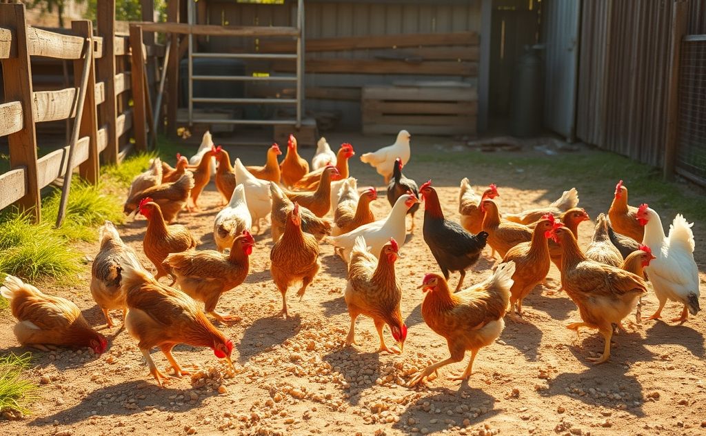 Chickens feeding in a sunny farmyard setting