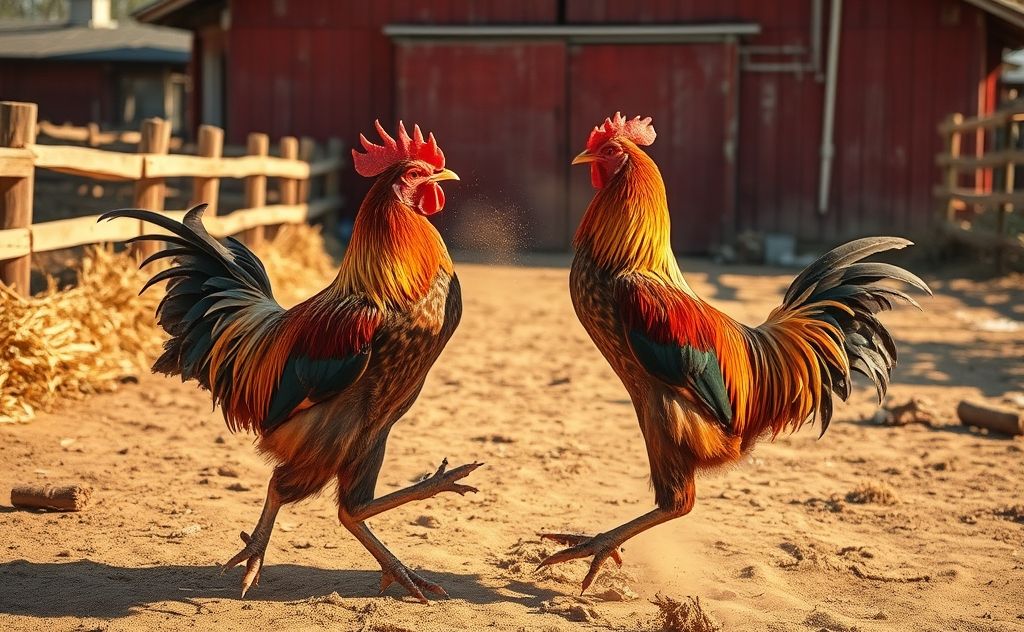 Chickens fighting in a barnyard setting