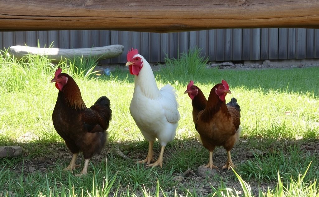 Chickens finding shade on a hot day