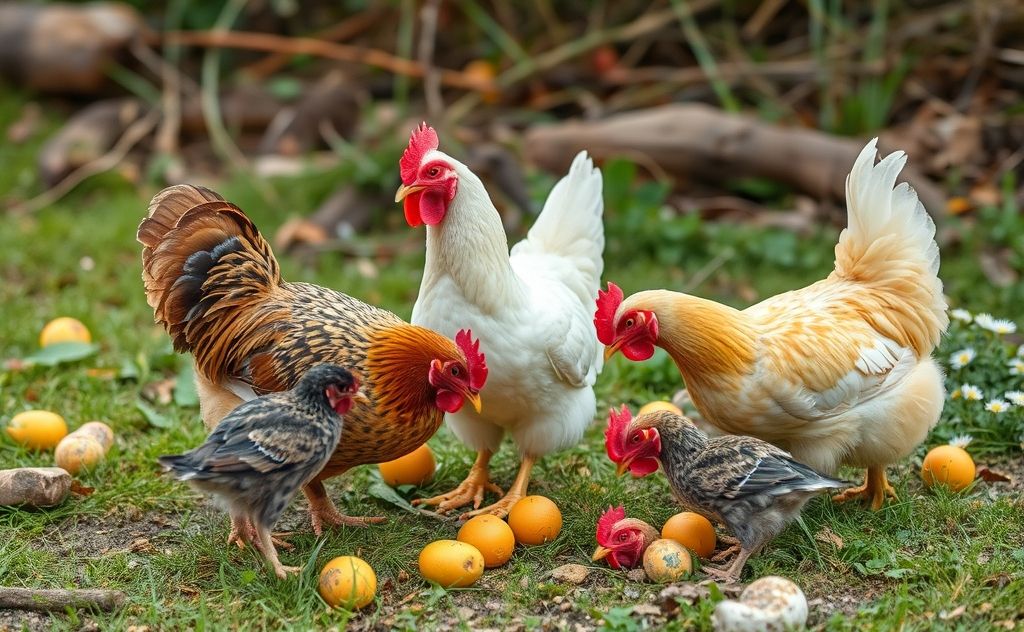 Chickens foraging for food in natural habitat