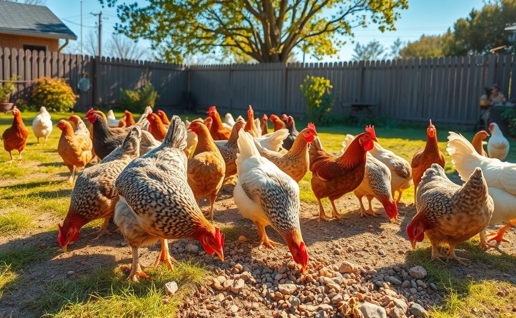 Chickens foraging for grit in a sunny yard