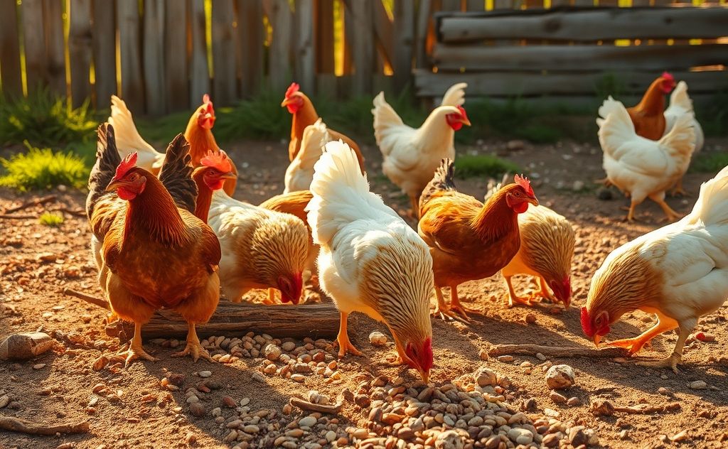Chickens foraging for natural grains and seeds