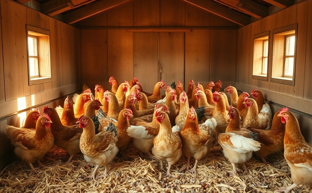 Chickens gathered in a cozy chicken house