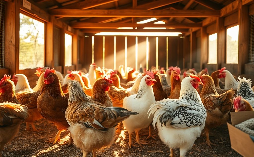 Chickens grooming in a sunny coop setting