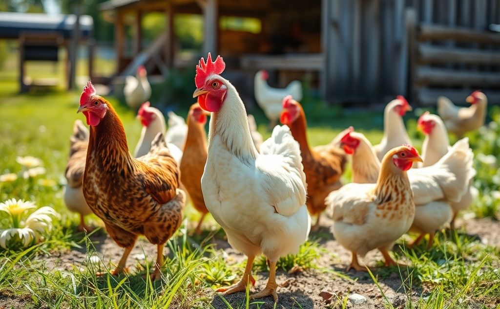 Chickens growing in a sunny farm setting