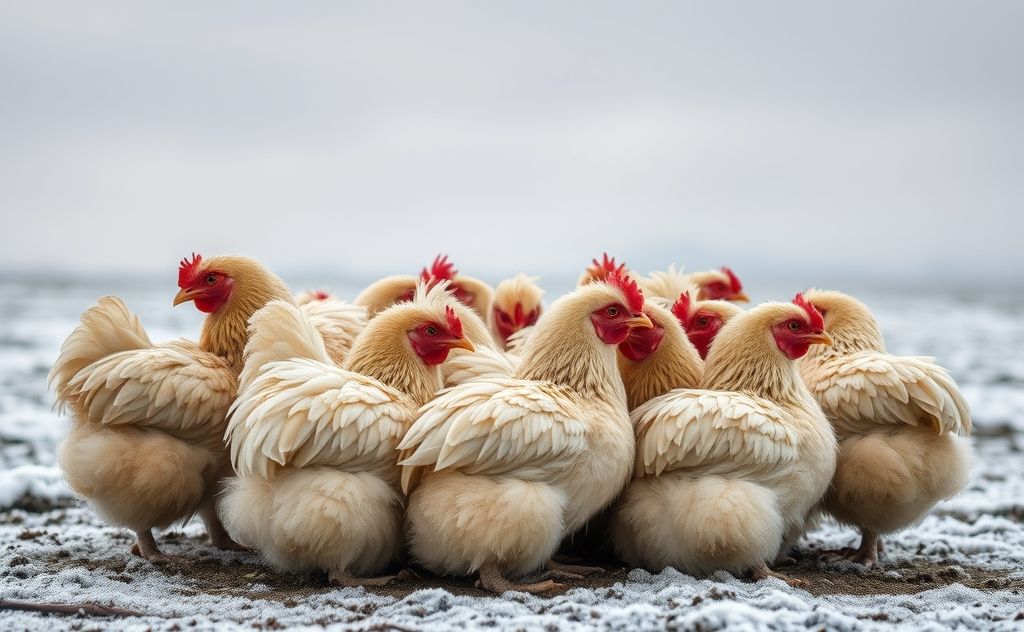 Chickens huddling together in cold weather