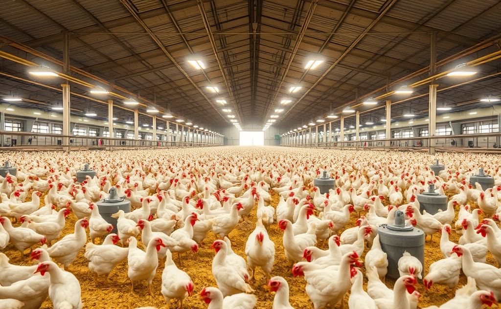 Chickens in a bustling commercial chicken house