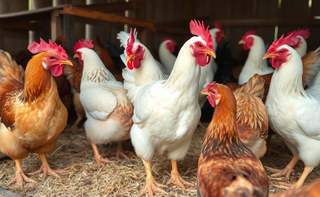 Chickens in a coop showing aggressive behavior