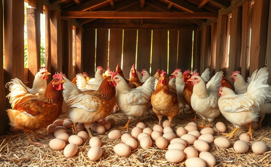 Chickens in a coop with eggs around them
